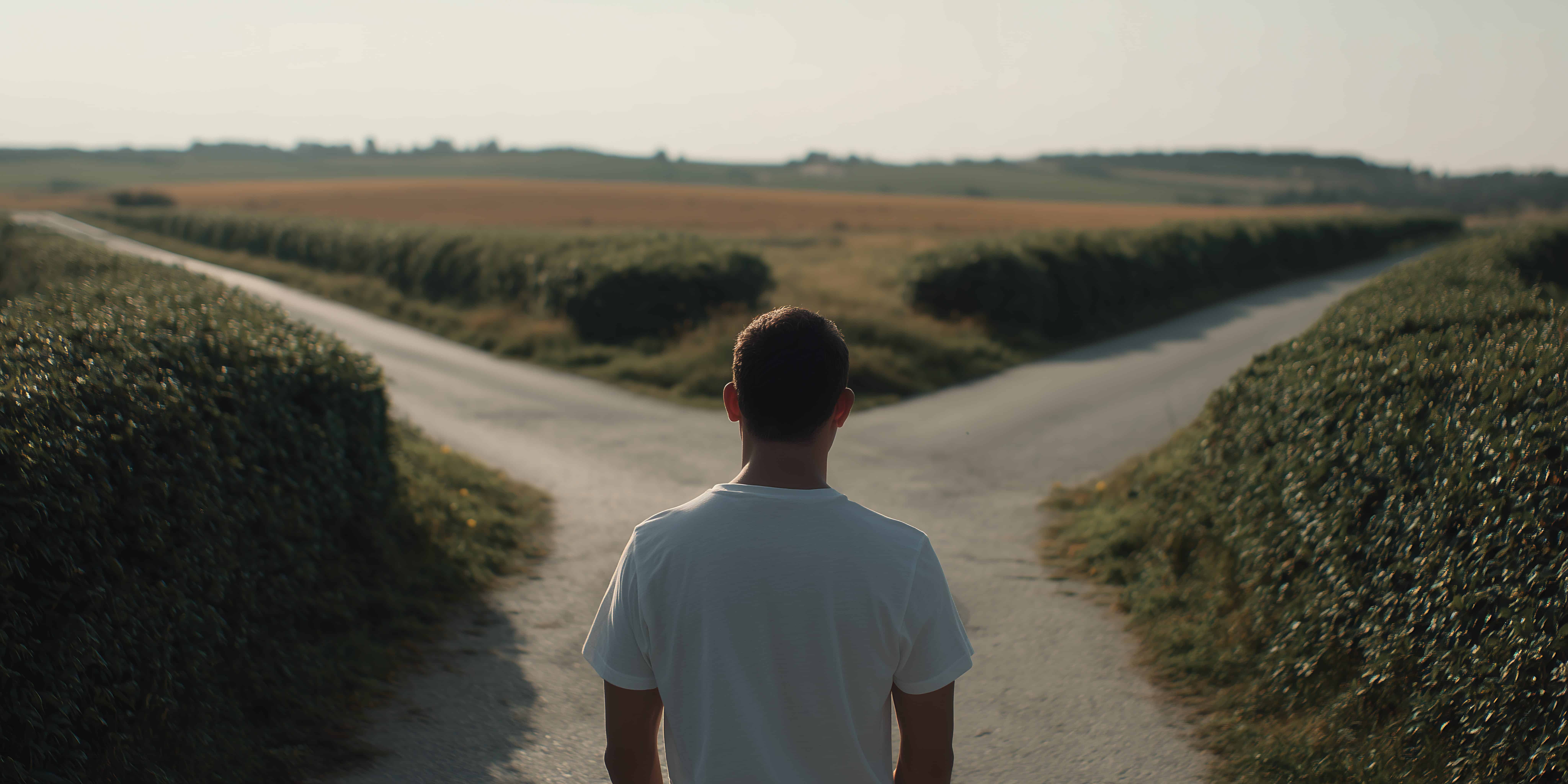 Person at a fork in a country road, reflecting on values and choices when chronic illness changes the path ahead